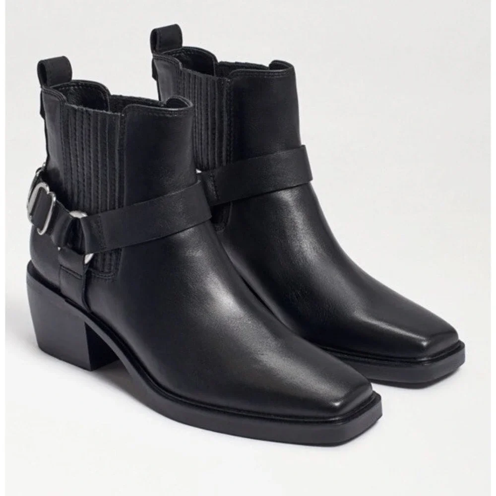 Sam Edelman Womens Black Leather Harness Ankle Bootie SZ 11 Square Toe Moto
